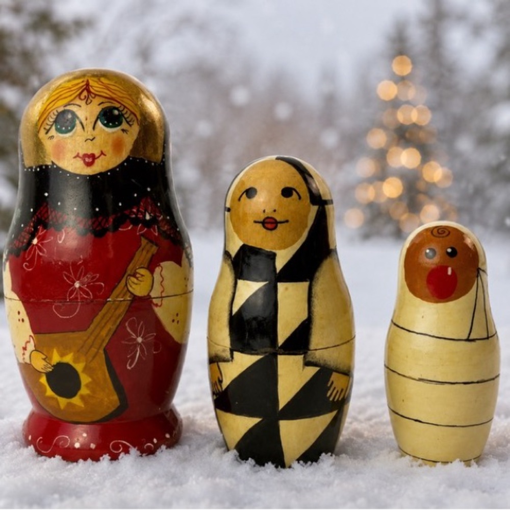 Russian Nesting Doll Set Of 3 Hand Painted Wood Vintage Russian Collectible
